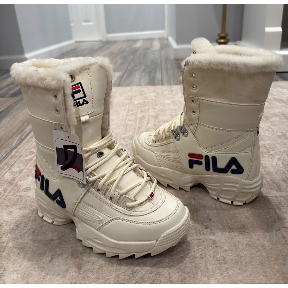 NWT FILA Disruptor Shearling Boots White Cream Chunky Lug Sole Winter Size 7
